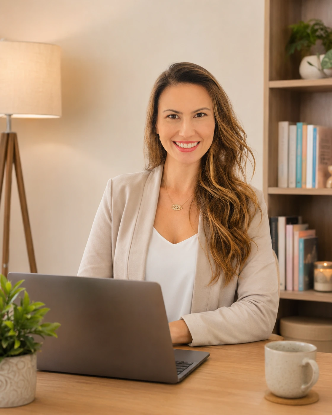 Érica Watanabe em atendimento online, com notebook e ambiente reservado — Atendimento Online